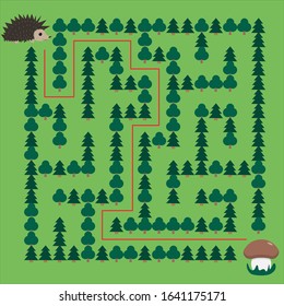 Hedgehog and Mushroom Maze. Educational game for children. Help the hedgehog find the mushroom - Maze puzzle with solution