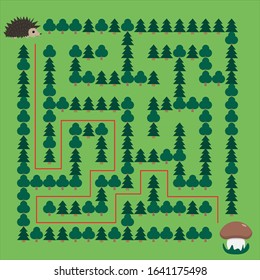 Hedgehog and Mushroom Maze. Educational game for children. Help the hedgehog find the mushroom - Maze puzzle with solution