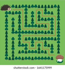 Hedgehog and Mushroom Maze. Educational game for children. Help the hedgehog find the mushroom - Maze puzzle with solution