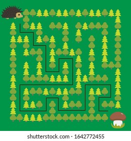 Hedgehog and Mushroom Maze. Educational game for children. Help the hedgehog find the mushroom - Maze puzzle with solution