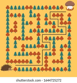 Hedgehog and Mushroom Maze. Educational game for children. Help the hedgehog find the mushroom - Maze puzzle with solution