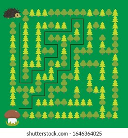 Hedgehog and Mushroom Maze. Educational game for children. Help the hedgehog find the mushroom - Maze puzzle with solution