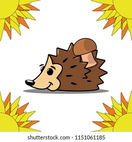 Hedgehog with mushroom and sun seamless pattern. Vector illustration of a funny hedgehog and bright sunny seamless pattern.