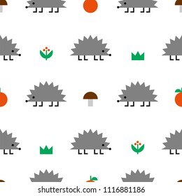 Hedgehog with mushrooms, apples, berries and grass, colored geometric shape vector seamless pattern on white background