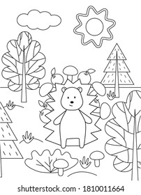 Hedgehog with mushrooms and apples in the forest. Simple children's coloring book, outline, silhouette of a wild animal. Cute vector illustration.