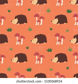 Hedgehog mushrooms fall seamless vector pattern. Scandinavian autumn design. Kids nature orange background. Use for textile fabric print, digital scrapbooking paper, packaging, kids fashion