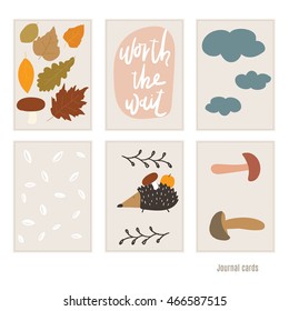 Hedgehog and mushrooms, leaves. Set of cards for baby shower. Autumn. Decor for invitations, journal cards, greeting cards, posters, blogging. Children's illustration.