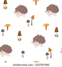 Hedgehog and mushrooms seamless pattern. Forest and harvest. Creative kids forest texture for fabric, wrapping, textile, wallpaper, apparel. Vector illustration