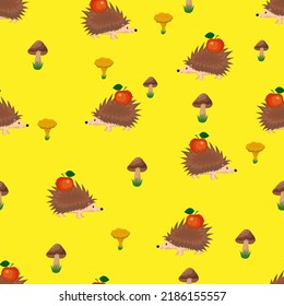 hedgehog and mushrooms, seamless pattern, vector illustration
