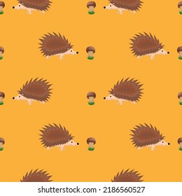 hedgehog and mushrooms, seamless pattern, vector illustration