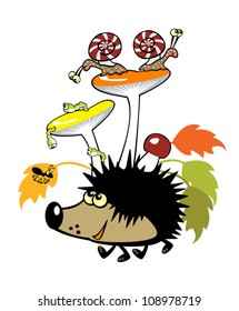 hedgehog with mushrooms and small forest creatures, children illustration isolated on white background