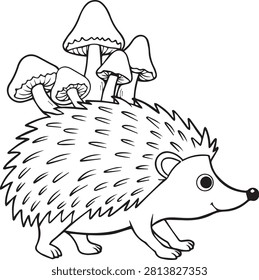 Hedgehog with mushrooms vector illustration featuring a cute forest animal character in a simple black and white line art style