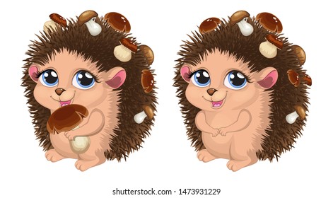 Hedgehog and mushrooms.Cartoon vector illustration.Cute hedgehog picks mushrooms.