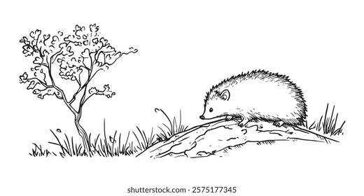 hedgehog in natural setting with tree and grass in monochrome hand-drawn style