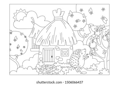 Hedgehog near the house in the garden picking apples. Children's coloring. Vector