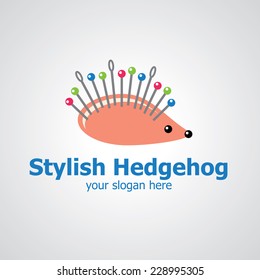Hedgehog with needles vector logo design, icon idea for style salon or sewing brand