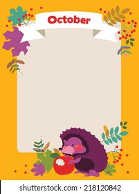 Hedgehog October blank placard. Children Sport isolated objects on green background. Great illustration for a school books and more. VECTOR. Editorial. Education. Advertising. Board.