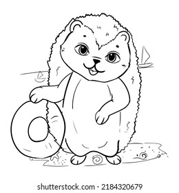 hedgehog on the beach. Inflatable circle for swimming. Summer entertainment. Coloring book for children. Vector illustration isolated on white background.
