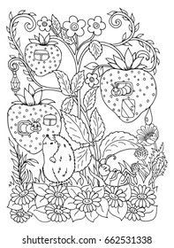 Hedgehog on the clearing under the strawberry. Vector illustration zentangl. Coloring book. Antistress for adults and children.