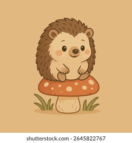 Hedgehog em um Cogumelo, Um ouriço adorável empoleira em cima de um cogumelo vibrante, irradiando um senso de fofura e charme em um estilo de desenho animado divertido, convidando um mundo de imaginação.