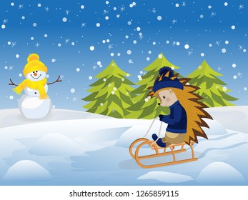 Hedgehog on sledge. Vector illustration. Isolated on a white background.