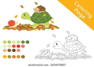 Hedgehog on top of a turtle and a happy snail on a autumn leaves, black and white outline cartoon vector for coloring page. Printable coloring page template cartoon vector.