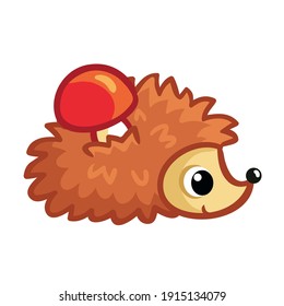 Hedgehog on a white background carries a red mushroom on its back. Vector illustration with animal in cartoon style.