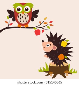 hedgehog and owl autumn and stump