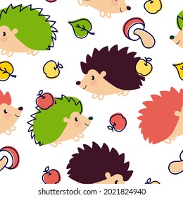 Hedgehog pattern cheerful on a white background For use in printing on fabric postcards, posters. Vector illustration