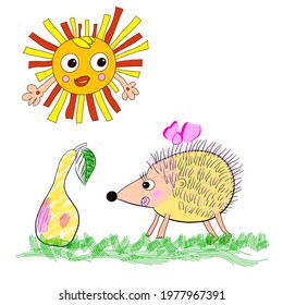 Hedgehog and pear on the green grass under the bright sun. Drawing for textiles, fabrics, wallpaper