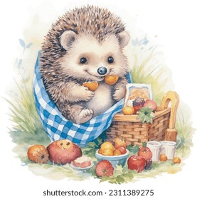 Hedgehog at picnic in forest, Picnic on lawn with fruits and sweets.