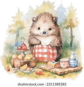 Hedgehog at picnic in forest, Picnic on lawn with fruits and sweets.