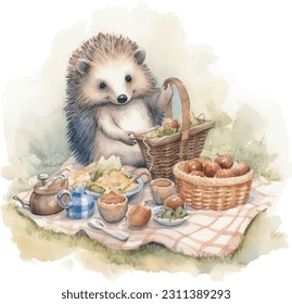 Hedgehog at picnic in forest, Picnic on lawn with fruits and sweets.