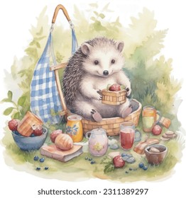 Hedgehog at picnic in forest, Picnic on lawn with fruits and sweets.