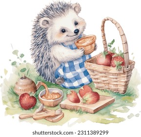 Hedgehog at picnic in forest, Picnic on lawn with fruits and sweets.