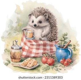 Hedgehog at picnic in forest, Picnic on lawn with fruits and sweets.