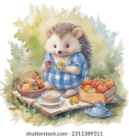 Hedgehog at picnic in forest, Picnic on lawn with fruits and sweets.