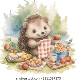 Hedgehog at picnic in forest, Picnic on lawn with fruits and sweets.