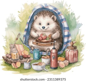 Hedgehog at picnic in forest, Picnic on lawn with fruits and sweets.