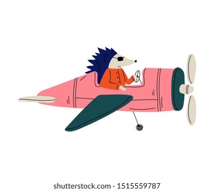 Hedgehog Pilot Flying on Retro Plane in the Sky, Cute Animal Character Piloting Airplane Vector Illustration