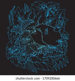 Hedgehog and a plate of milk. Mushrooms and berries for a hedgehog. Leaves and branches of forest plants. Freehand sketch. Bright outline on a black background.