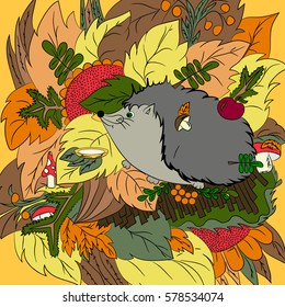 Hedgehog and a plate of milk. Yellow, autumn forest. Mushrooms and berries for a hedgehog. Bright, natural illustration. Freehand sketch.
