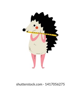 Hedgehog Playing Flute, Cute Cartoon Animal Musician Character Playing Musical Instrument Vector Illustration