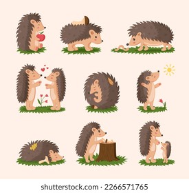 Hedgehog playing, sleep and walking, love animals. Couple of nature characters, wild kid and family, happy autumn forest mammals. Vector design utter cartoon flat style isolated illustration