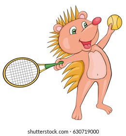 Hedgehog plays tennis. Cartoon style. Clip art for children.