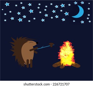 Hedgehog preparing mushroom on campfire