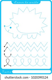 Hedgehog. Preschool worksheet for practicing fine motor skills - tracing dashed lines. Tracing Worksheet.  Illustration and vector outline - A4 paper ready to print.