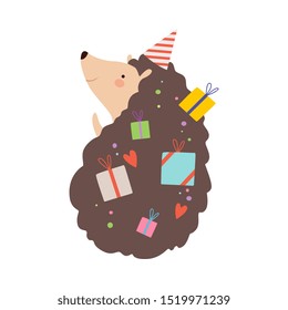 Hedgehog with presents. Vector illustration on a white background.