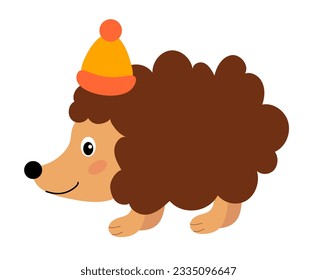 Hedgehog prickly in hat. Autumn cartoon forest animal character. Concept for children design. Vector flat illustration.