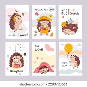 Hedgehog printable cards. Cute cartoon hedgehogs sleep, in love and welcome autumn. Woodland baby creatures, animals nowaday vector posters